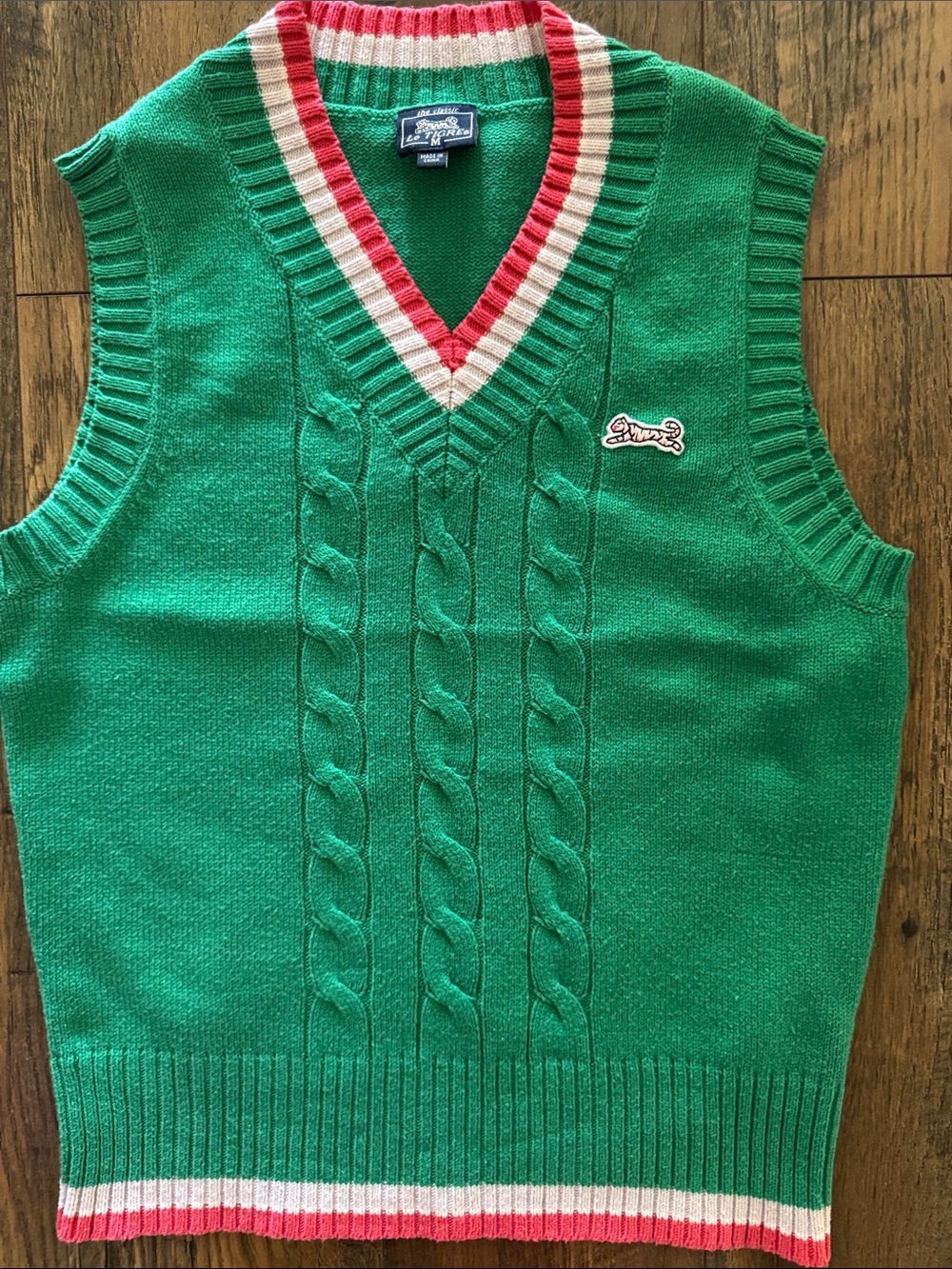 Le Tigre Green Cable-Knit V-Neck Sweater Vest with Red and White Trim.  $25 OBO